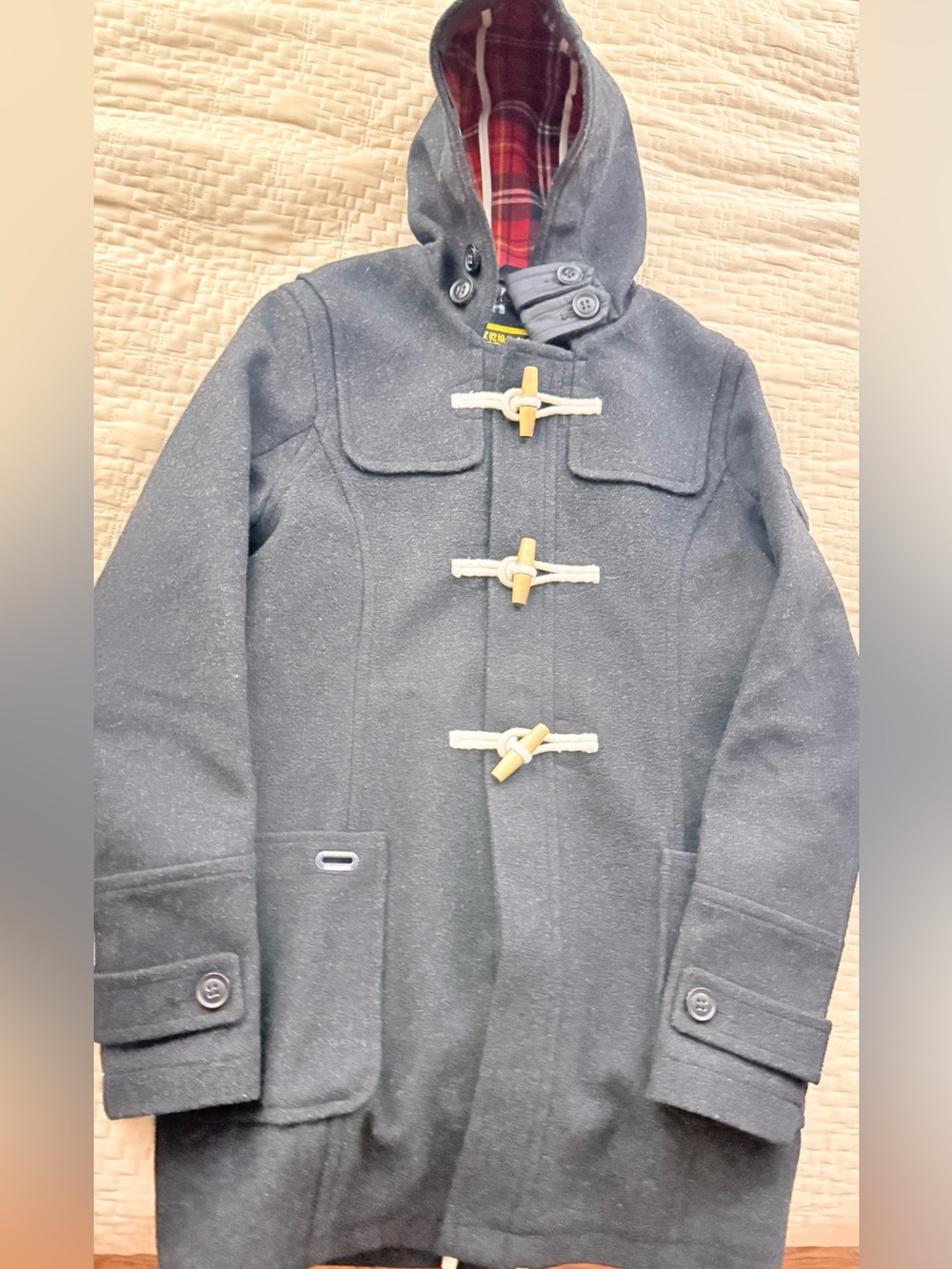Superdry Duffle Wool Blend Coat Black Hooded Pocket Women's  size M